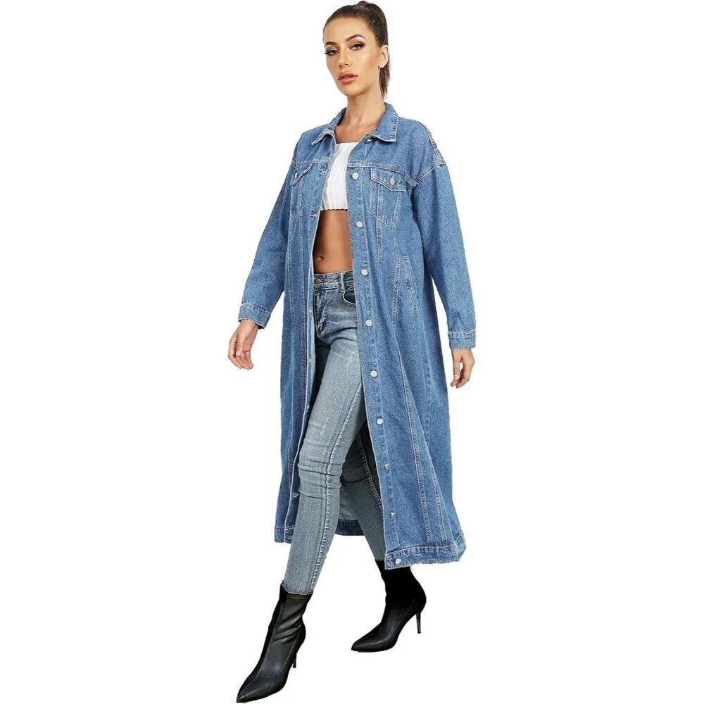 Plus Size Denim Trench Coat Women's Long Sleeve Button-Down Overknee - Picture 4 of 6